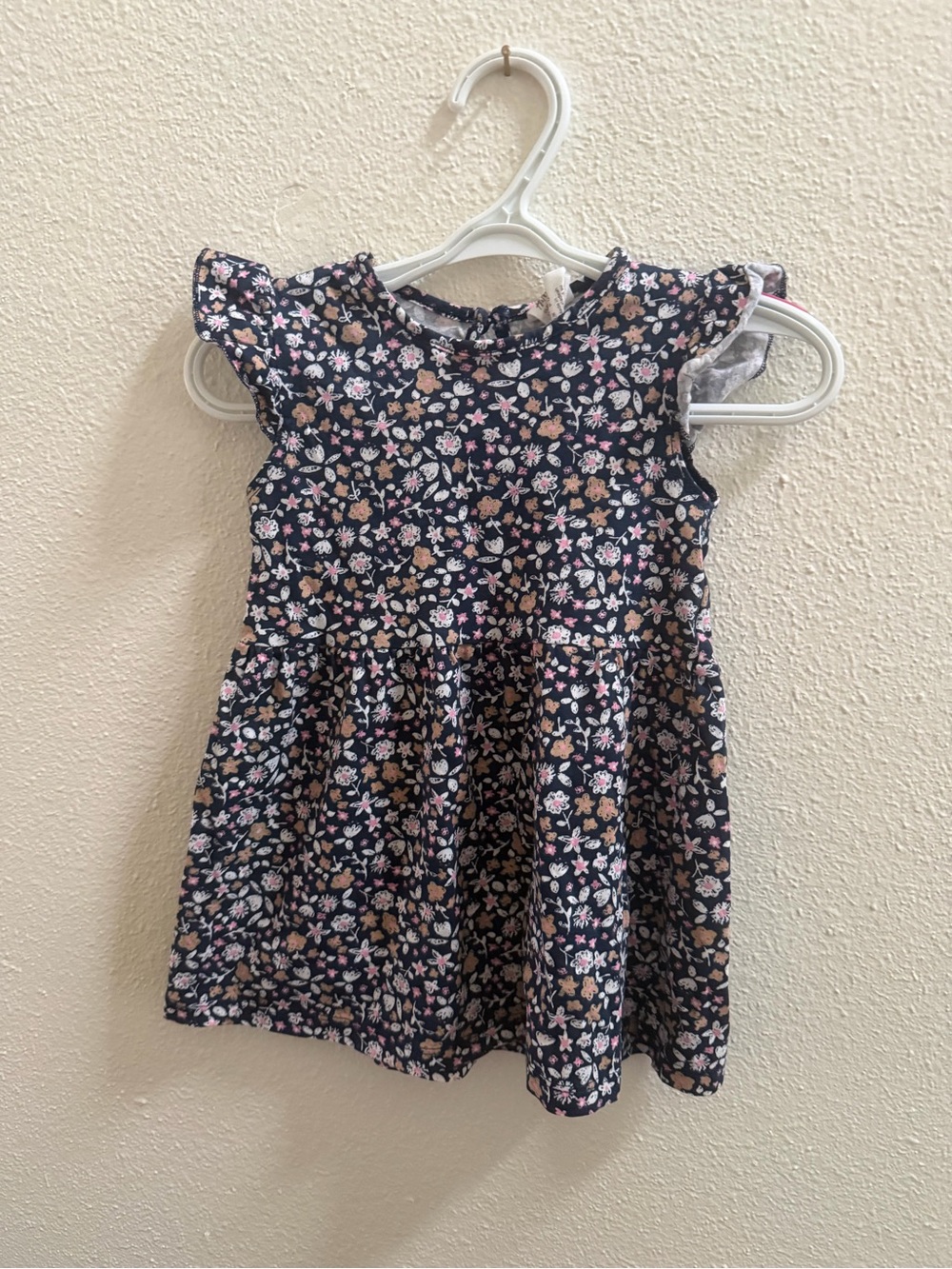 H&M Navy Floral Flutter Sleeve Dress with Pink & Tan Flowers